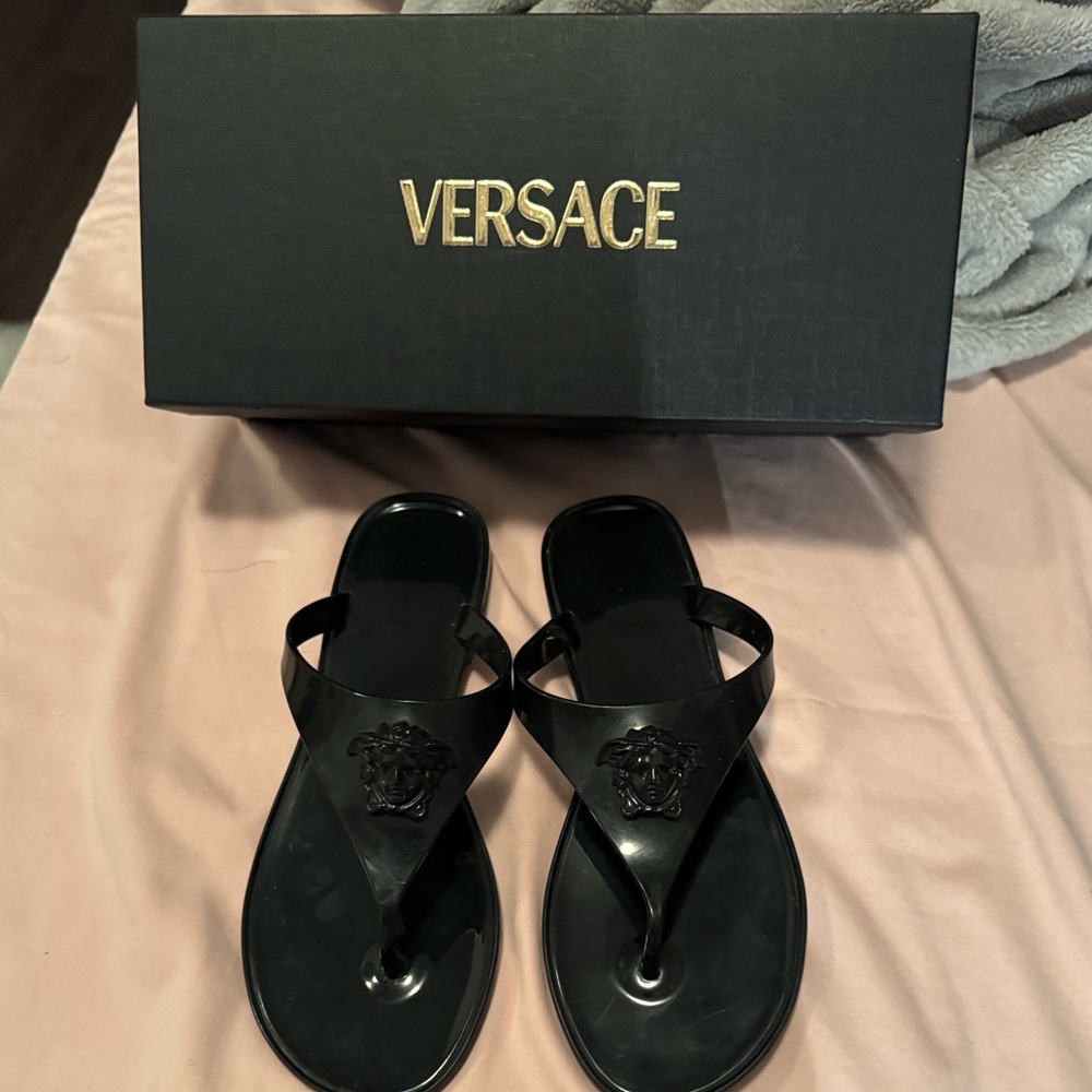 Versace Glossy Black Flip-Flops